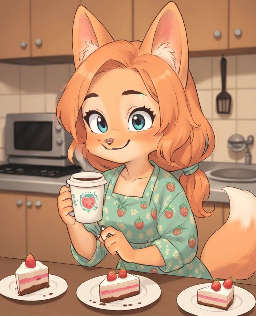 little fox, kid girl fox, little kid, ginger fur, long hair, ginger hair, blue eyes, dusty-pink nose, fox tail, fox ears, face similar of Diane Foxington, kid, cute, wearing a pink pijama, cute pijama, on the kitchen, siting on chair in front of a table, a plate with strawberry cake, holding a cup with coffee, chibi, alone, ginger hair, tied hair, smile, sleepy, cartoon, toon, chibi, cute girl, alone