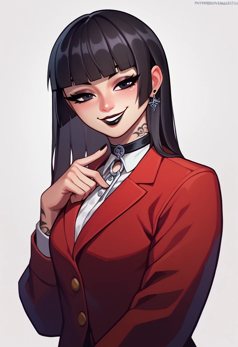 score_9, score_8_up, score_7_up, 1girl, simplified background, Asian, mafia business outfit, , sunny, lovely, hime cut hair, gentle smile, black lips, black eyes, tattoos 