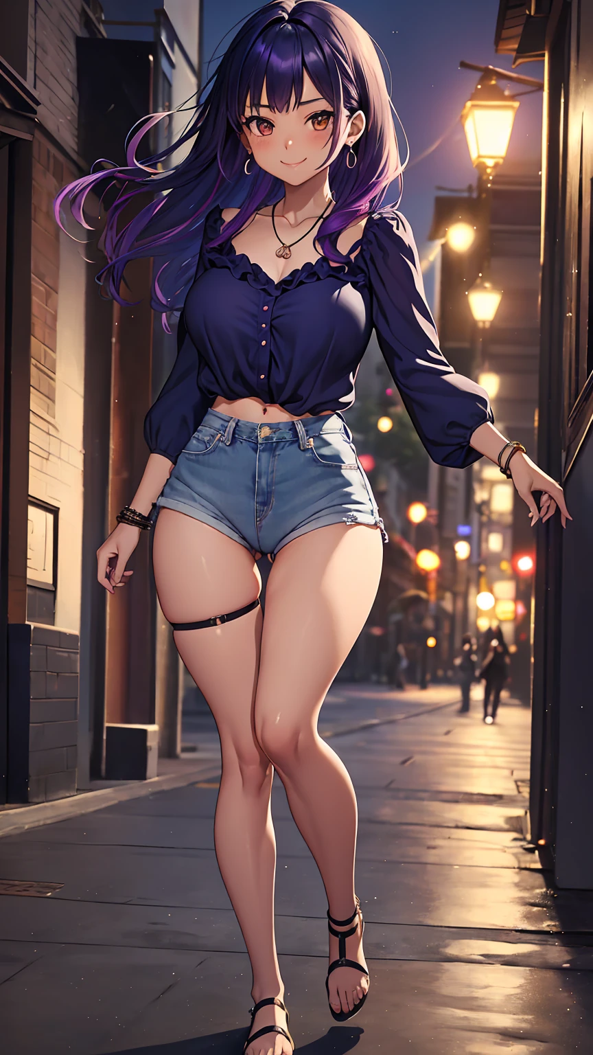 1girl, anime girl, anime, (dark skin), stylish girl, bracelet, necklace, earrings, 2d girl, 18y, (fullbody), standing, anime girl, seductive smile, (purple hair), flowing hair, hair flowing in the wind, ((darkblue blouse)), Solo, Slim, Big Breasts, Tight Shorts, low waist shorts, upshorts, outdoors, night background, flowers, looking at viewer, darker shadows, (((Wedgie))), (((explicit))), (((explicit))), (((shorts))), (((absurdres))), (((thigh gap))), (((cameltoe))), (((cleft of venus))), (((lowleg shorts))), (((innie pussy))), (((inniepussy))), (((innie_pussy)))