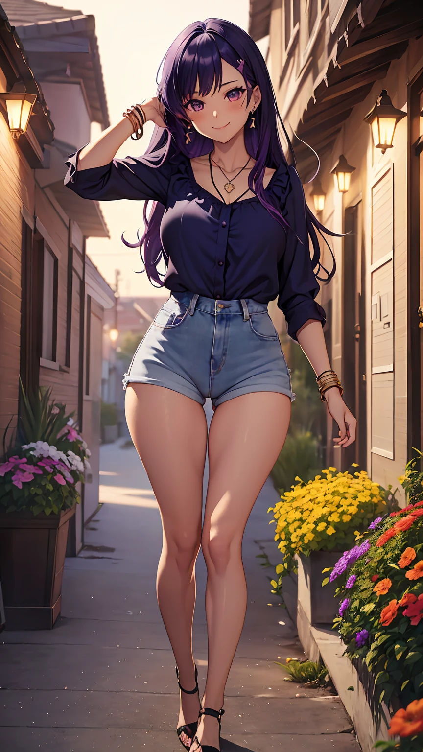 1girl, anime girl, anime, (dark skin), stylish girl, bracelet, necklace, earrings, 2d girl, 18y, (fullbody), standing, anime girl, seductive smile, (purple hair), flowing hair, hair flowing in the wind, ((darkblue blouse)), Solo, Slim, Big Breasts, Tight Shorts, low waist shorts, upshorts, outdoors, night background, flowers, looking at viewer, darker shadows, (((Wedgie))), (((explicit))), (((explicit))), (((shorts))), (((absurdres))), (((thigh gap))), (((cameltoe))), (((cleft of venus))), (((lowleg shorts))), (((innie pussy))), (((inniepussy))), (((innie_pussy)))