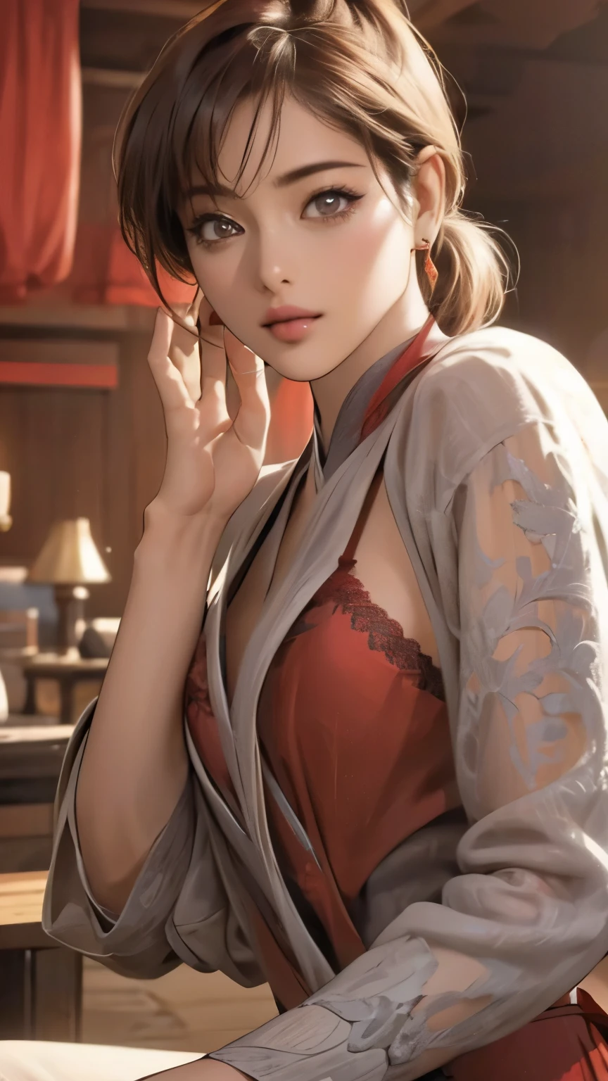 (Highest quality,4K,8k,High resolution,masterpiece:1.2),Very detailed,(Realistic,photoRealistic,photo-Realistic:1.37),Horny Japanese women, Beautiful and delicate hazel eyes, Beautiful lip detail, ((She is wearing dark red lingerie:1.5)), ((Black Stockings)), High heels, pose sensually for a photograph, In a luxurious hotel room, With attractive lighting, Enchanting atmosphere, Sensual look, Excellent Makeup, (short hair), (ponytail), (Neat bangs:1.4), Captivating Gaze, A confident and attractive demeanor, Vibrant colors, Smooth and flawless skin, Captivating aura, Captivating curves, Provocative pose, Elegantly decorated background, Sophisticated furniture, Soft Shadows, 魅惑的でEnchanting atmosphere.