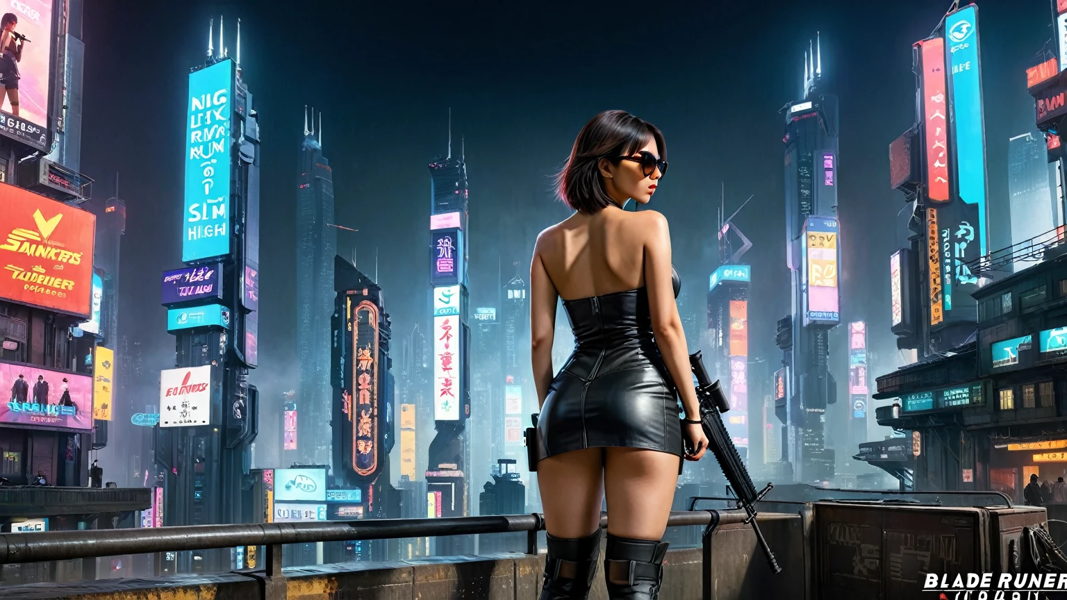 8k, Realistic skin texture, Realistic photos, Neo Hong Kong, (((((1 Slim Western women, alone))))), Big Breasts:1.4. Cleavage:1.3, Eve of 2050, Wearing a tube top, mini skirt, (((Black sunglasses, Automatic rifle, sneakers, cold,((Back view, Standing pose))), (((((((Half Body (Thigh height) Medium Shot))))))), Innovative Configuration, revenge, Blurred aerial view of a cyberpunk city, blade runner worldview, big neon sign.