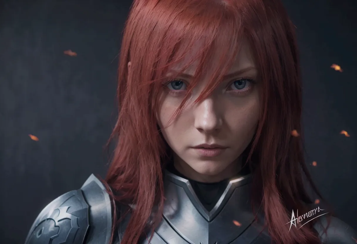 anime girl with red hair and blue eyes on a dark background, redhead female templar, erza scarlett as a real person, portrait of...