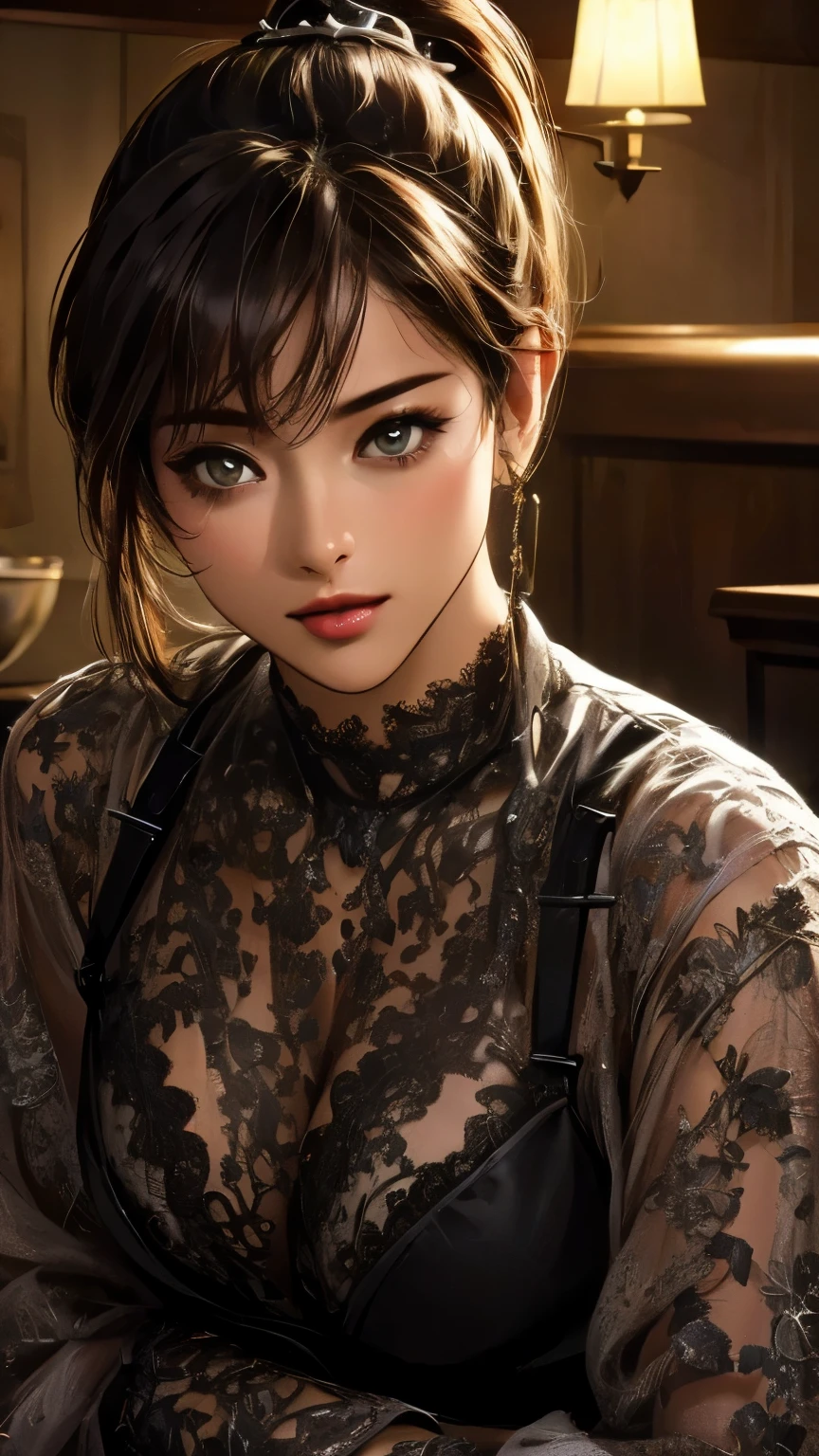 (Highest quality,4K,8k,High resolution,masterpiece:1.2),Very detailed,(Realistic,photoRealistic,photo-Realistic:1.37),Horny Japanese women, Beautiful and delicate hazel eyes, Beautiful lip detail, ((Black lingerie:1.4)), Black Stockings, High heels, pose sensually for a photograph, In a luxurious hotel room, With attractive lighting, Enchanting atmosphere, Sensual look, Excellent Makeup, (short hair), (ponytail), (Neat bangs:1.4), Captivating Gaze, A confident and attractive demeanor, Vibrant colors, Smooth and flawless skin, Captivating aura, Captivating curves, Provocative pose, Elegantly decorated background, Sophisticated furniture, Soft Shadows, 魅惑的でEnchanting atmosphere.