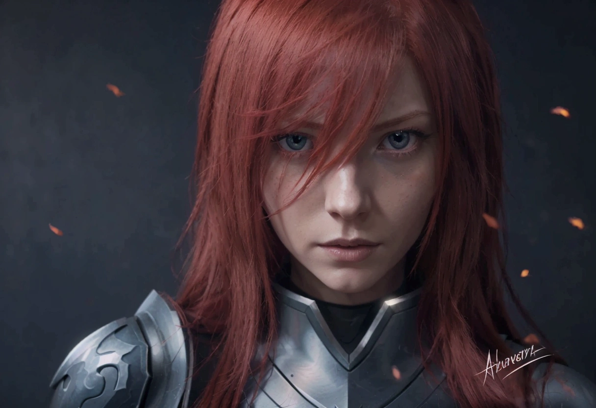 Anime girl with red hair and blue eyes on a dark background, Redhead Female Templar, Erza Scarlett as a real person, portrait of female paladin, Katarina from league of legends, deviantart art station cgscosiety, Katarina, Portrait of a girl in the Knights of the Zodiac, portrait knight woman, Character Art Close-Up, Character portrait close-up, Close-up character portraits, deviantart art station