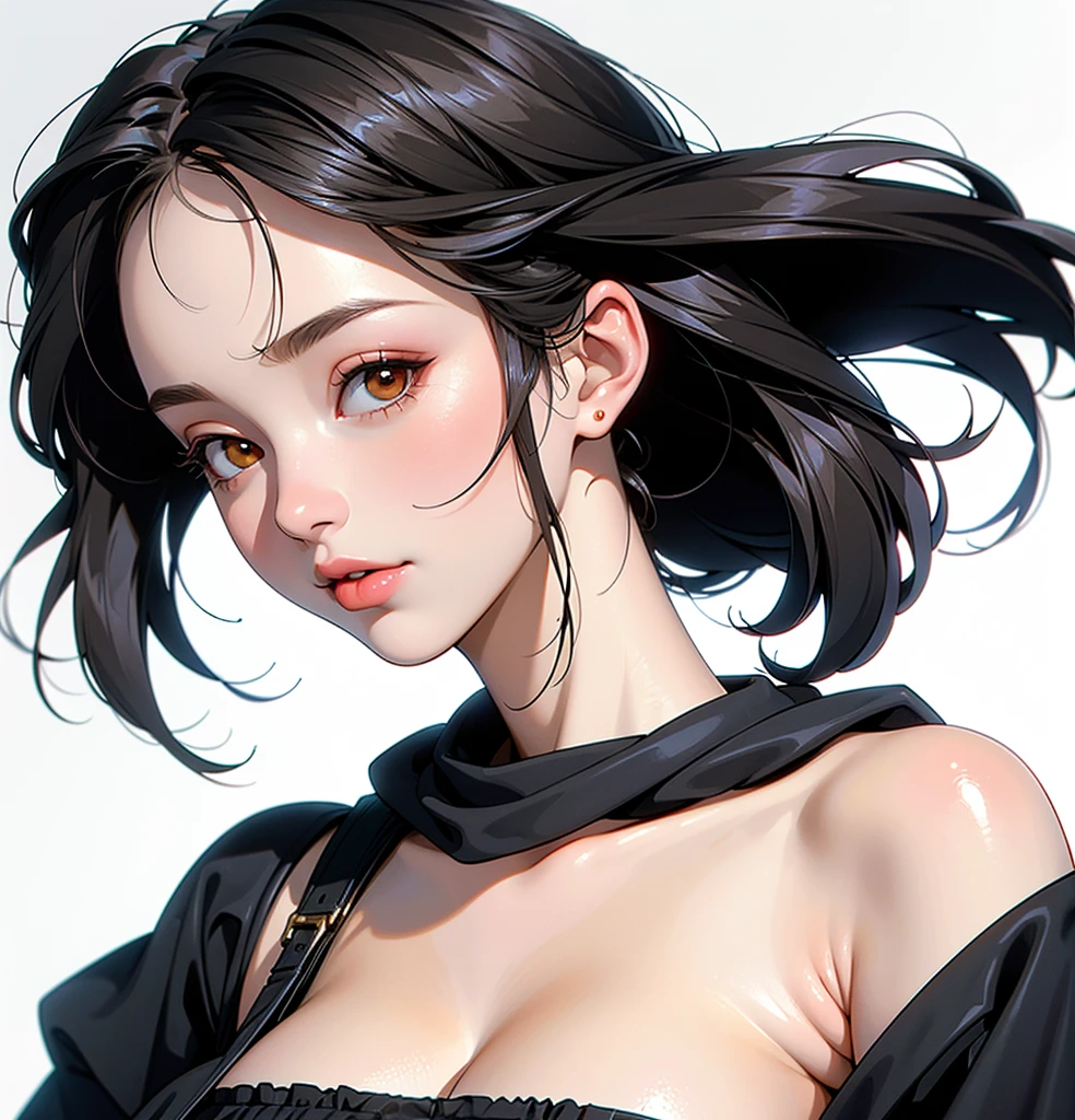 (Highest quality, masterpiece, Very detailedな, Very detailed, Exquisite, 16K,Full HD),(White Background:1.5),、Big Breasts,No text,Upper Body,serana,Black Hair,１people,Front facing、Default Dress