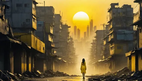 in the yellow sunrise, a futuristic city stands in the distance、a shadow is cast on the slums below this naked woman.。