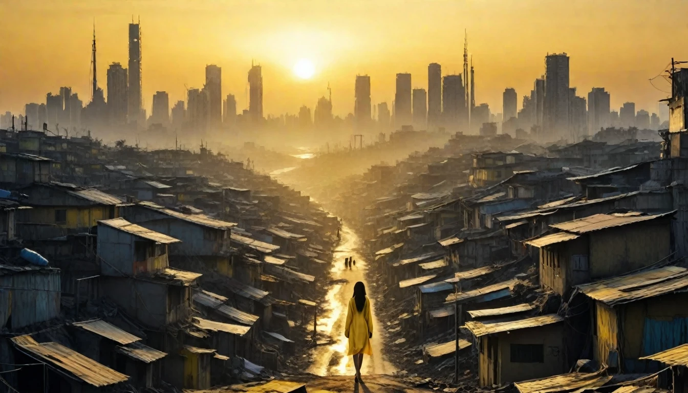 In the yellow sunrise, A futuristic city stands in the distance、A shadow is cast on the slums below this naked woman.。