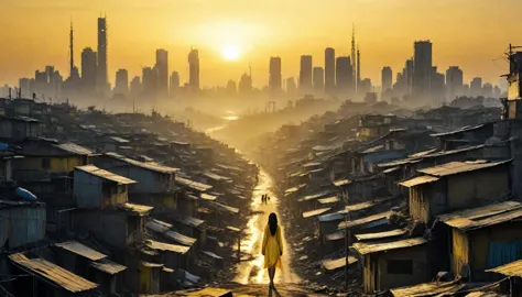 in the yellow sunrise, a futuristic city stands in the distance、a shadow is cast on the slums below this naked woman.。