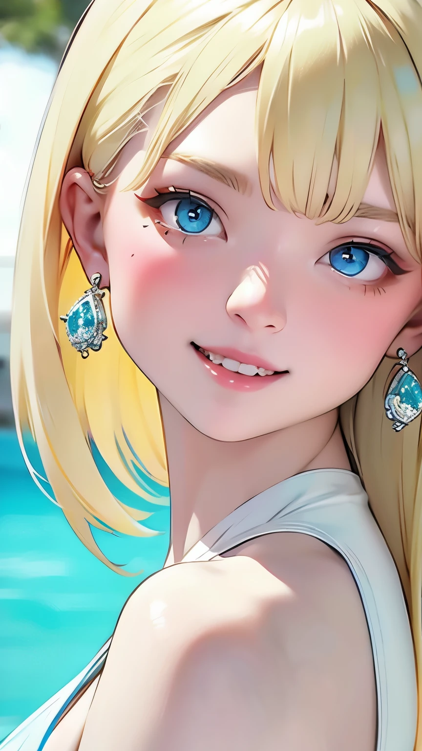 (Highly detailed 8K wallpapers)，The Beauty of Japan，16-year-old girl，Shiny straight platinum blonde hair，Cute Smile，Big blue eyes that sparkle like jewels，Translucent white skin，Beautiful white teeth，Glossy Lips，Face close-up，Cute Swimsuits