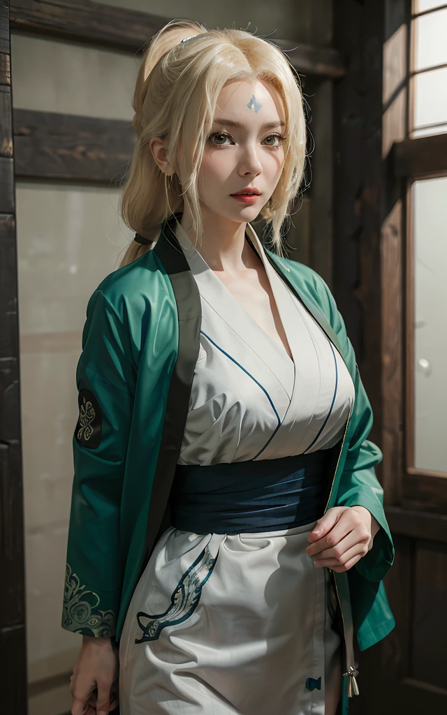 highres, scharfer Fokus, Pixiv-Meisterwerk, ((komplizierte Details)), sehr detailliert,  Oberkörper, 1 Mädchen, reifen, Blondes Haar, blaues Mal auf der Stirn, weißer Kimono, grüne Jacke, Schärpe, Tsunade_Schatten, Große Brust