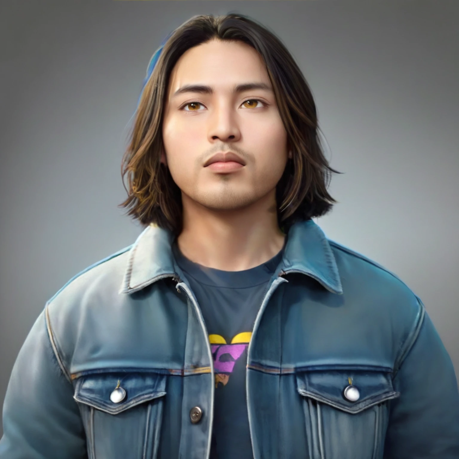 Create a realistic 3D cartoon photo, 33 year old Indonesian man, wearing a white t-shirt and blue jeans jacket, black hair and shoulder length, even lighting on his face, yellow gradient background, use soft photography lighting, hair lighting, side lighting,  top lighting, detailed and very high level photos.