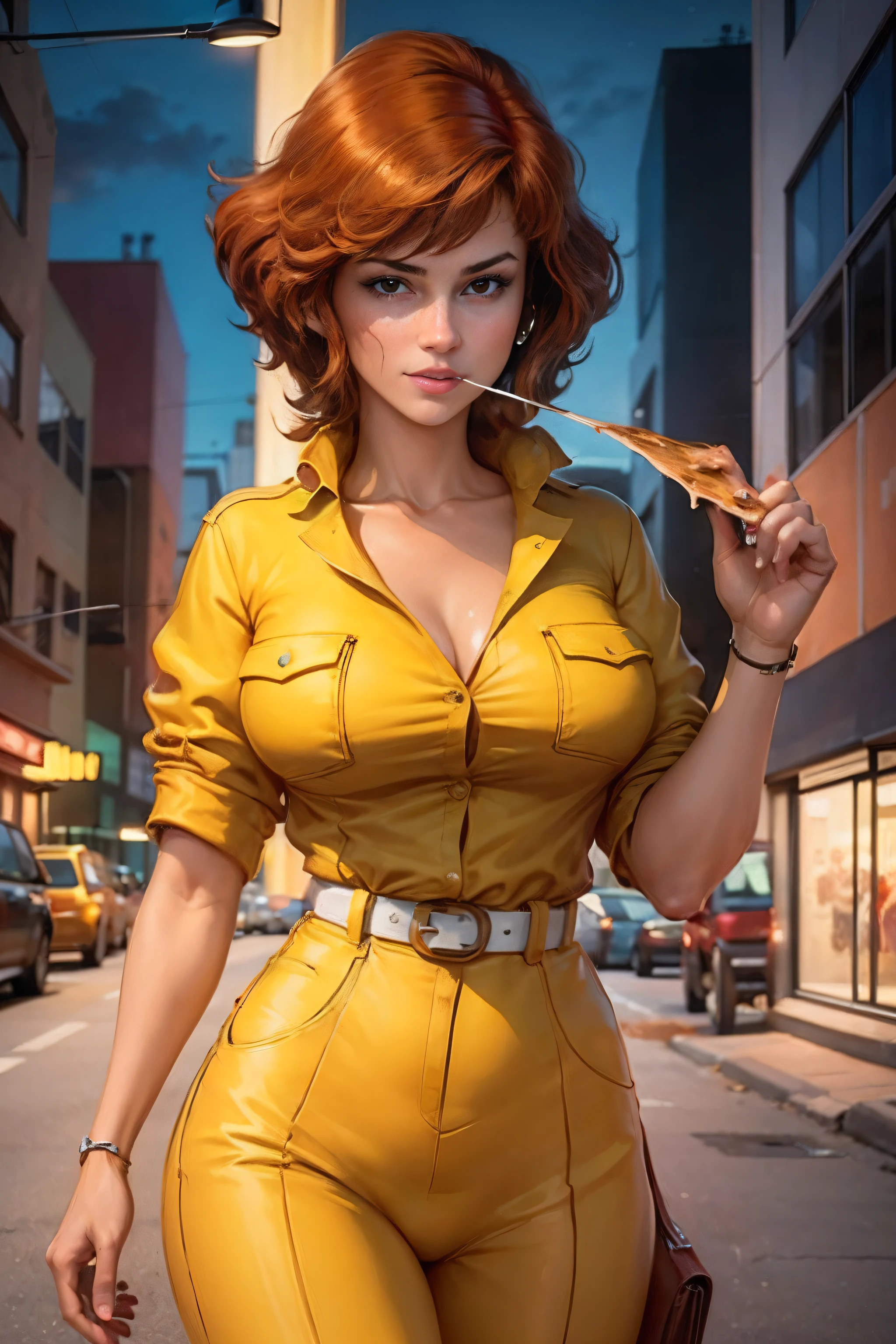 cowboy shot, Abril O&#39;Neil waifu, 1980s \(style\), 1 woman, Brown hair, Red hair,short hair,orange hair,happy smile, Retro art style, short hair, only,holding microphone with hands, female television reporter,speaking into the microphone, yellow jersey suit, white belt,jersey suit on yellow hips, (naked_old: 1.2), half_old, neckline, hyperrealistic eyes, beautiful eyes,detailed eyes, realistic face, beautiful woman woman, realistic background,urban street, Night street lights, Amazing lights, amazing background,eating slice of pizza, 🍕, chew pizza, pizza in the mouth