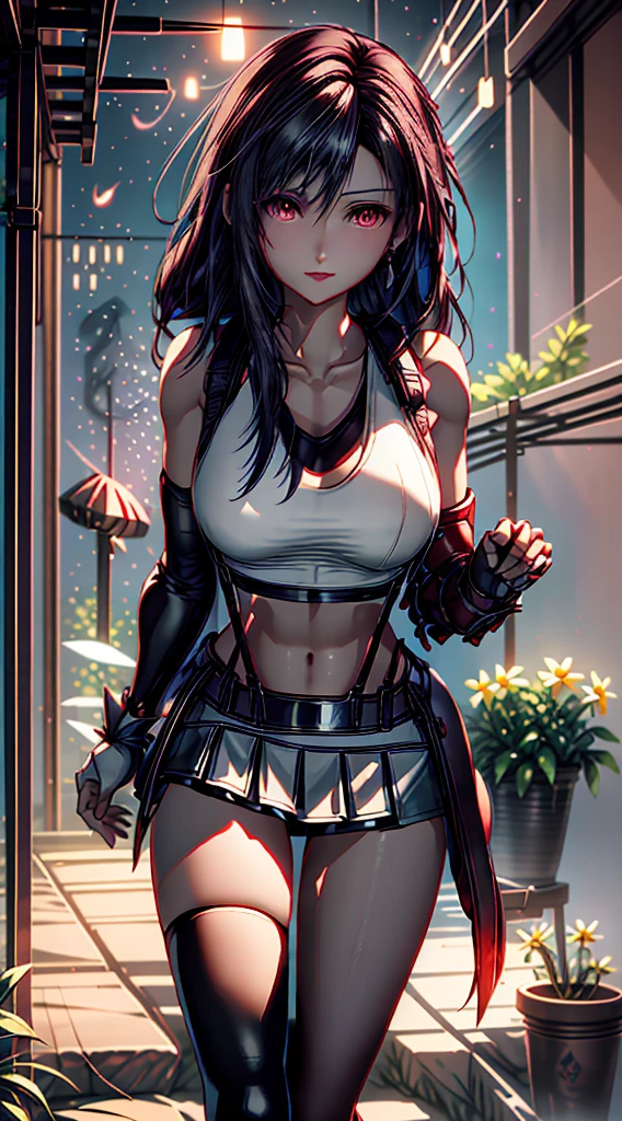 (8ｋ、highest quality、MASTERPIECE:1.2)、(photorealistic:1.3 of 7)、Super Detailed、girl 1 person、mature、solo、(Tifa Lockheart)、(big chest)、(((huge lift clothes to show bra)))、(((black bra)))、(beautiful eyes)、(smiling:1.2)、(Closed)、erotic pose、dance、neons、street scenery、Depth Of Field、Dark and strong shadows、Sharp focus、auto、motion blur、bike、Depth Of Field、composition、Glowing green light、Final Fantasy VII, (nose blush）、Single Elbow Pad、Ankle Boots、dark black hair、toned thighs、red boots、Elbow Gloves、Elbow pads、Fingerless Gloves、Taut Shirt、sports bra、（suspenders), (Black Skirt)、thights、white tank top、All over body、head rest、Lips、Facial、Low Tai Long Hair、(red_Ojo)、Yellow flowers、(night:1.3)、Complex、Bokeh、Cinematic Lighting、Photon mapping、Radiosity、physically based rendering、(Tetsuya Nomura Style)、NSFW、Perfect Breasts