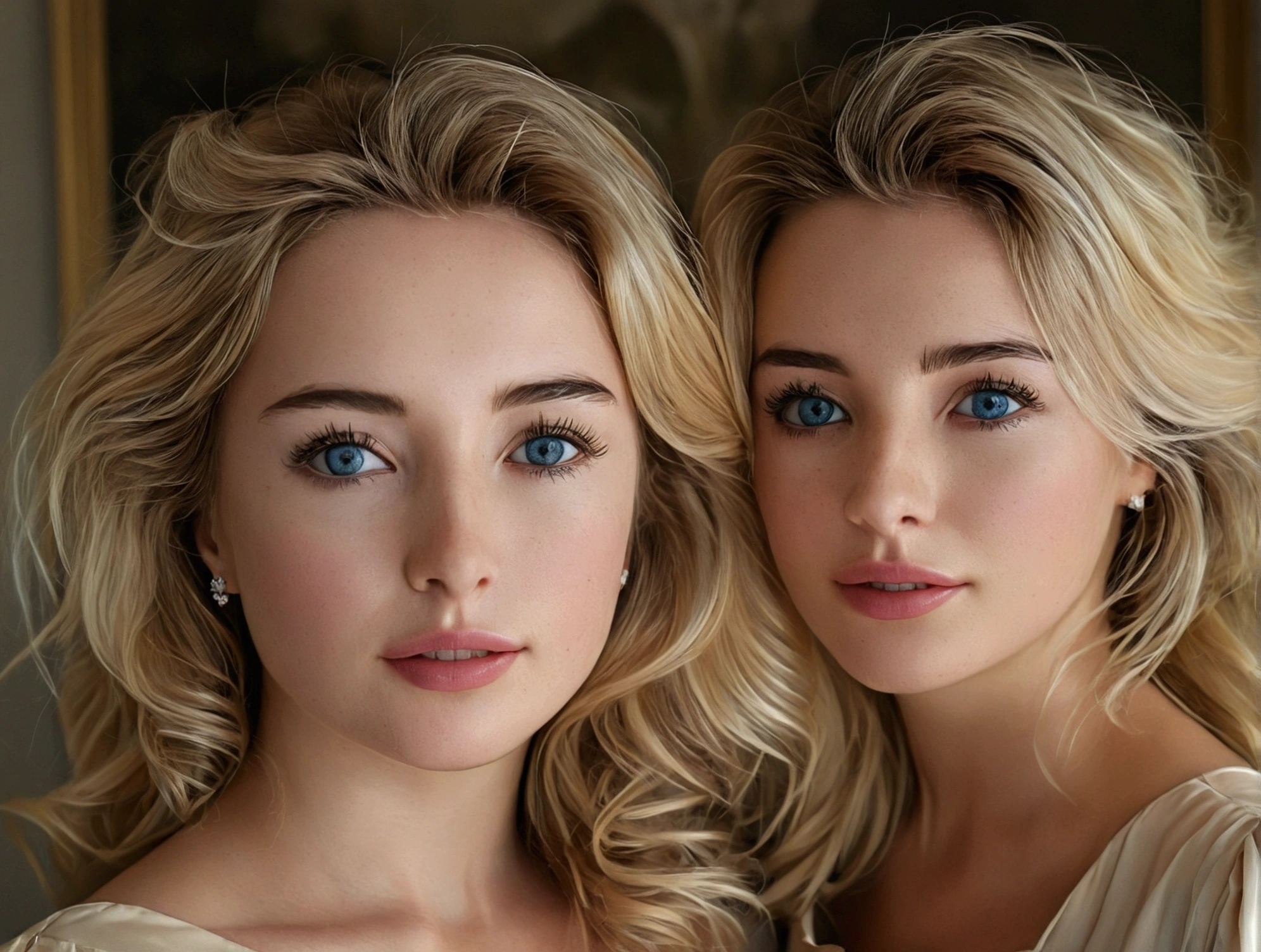 (Best Quality,realist),(2girls 25 years old:1.1,),(detailed eyes), (detailed lips), (long eyelashes), (standing, Whole body, executive dress)(portrait),( Soft lighting), (natural colors)