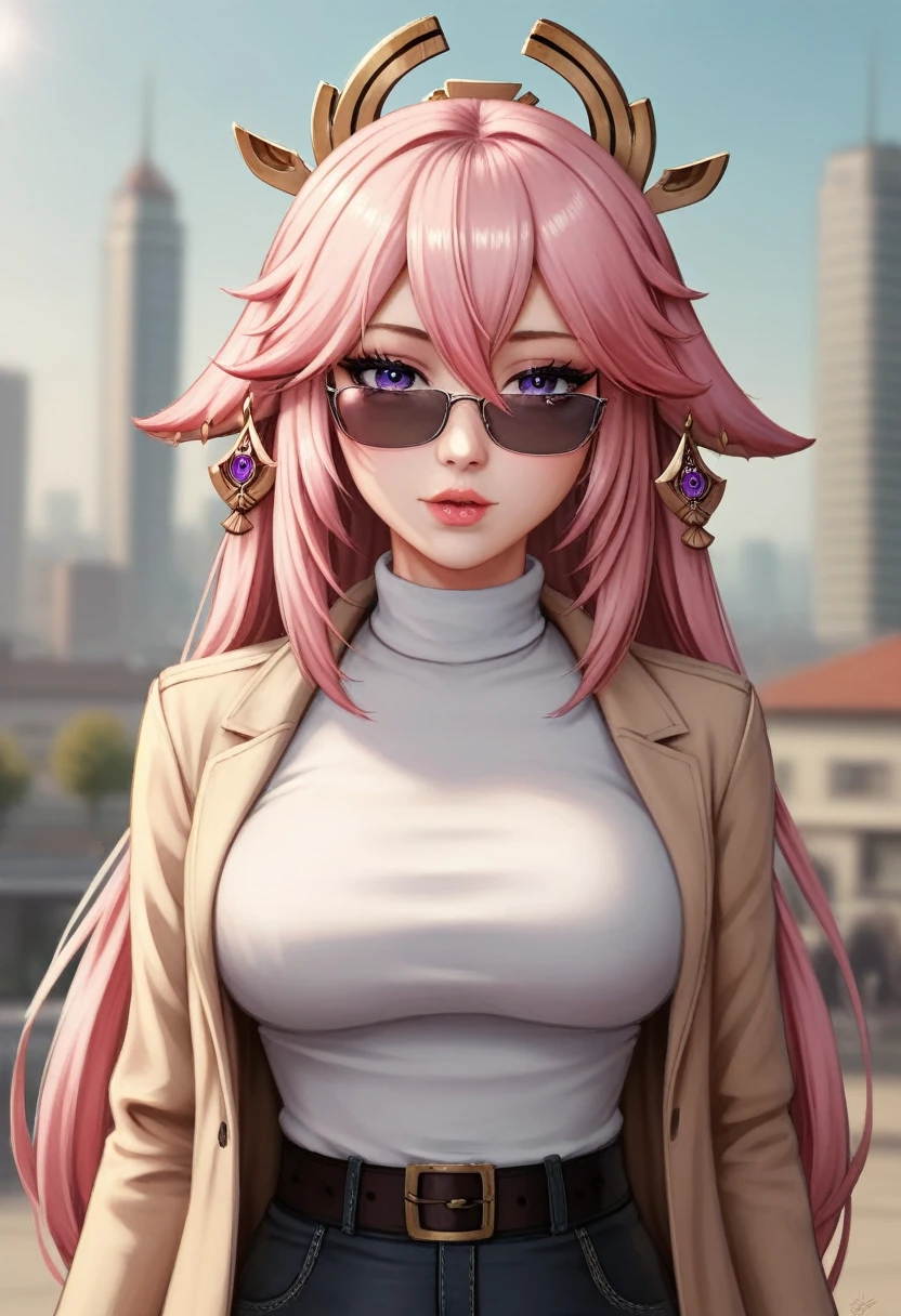 a beautiful detailed eyes, beautiful detailed lips, extremely detailed eyes and face, long eyelashes, 1 girl, fashionable pink trenchcoat, french beret, belt black pants, long hair, city background, pink hair, purple eyes, Yae Miko, trendy sunglasses, best quality, 4k, 8k, highres, masterpiece:1.2, ultra-detailed, realistic, photorealistic, photo-realistic:1.37, HDR, UHD, studio lighting, ultra-fine painting, sharp focus, physically-based rendering, extreme detail description, professional, vivid colors, bokeh, portraits, fantasy