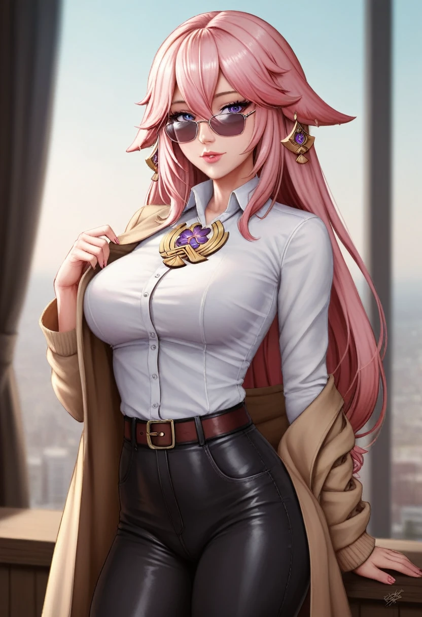 a beautiful detailed eyes, beautiful detailed lips, extremely detailed eyes and face, long eyelashes, 1 girl, fashionable pink trenchcoat, french beret, belt black pants, long hair, city background, pink hair, purple eyes, Yae Miko, trendy sunglasses, best quality, 4k, 8k, highres, masterpiece:1.2, ultra-detailed, realistic, photorealistic, photo-realistic:1.37, HDR, UHD, studio lighting, ultra-fine painting, sharp focus, physically-based rendering, extreme detail description, professional, vivid colors, bokeh, portraits, fantasy