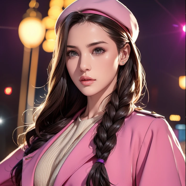 a beautiful detailed eyes, beautiful detailed lips, extremely detailed eyes and face, long eyelashes, 1 girl, fashionable pink trenchcoat, french beret, belt black pants, long hair, city background, pink hair, purple eyes, Yae Miko, trendy sunglasses, best quality, 4k, 8k, highres, masterpiece:1.2, ultra-detailed, realistic, photorealistic, photo-realistic:1.37, HDR, UHD, studio lighting, ultra-fine painting, sharp focus, physically-based rendering, extreme detail description, professional, vivid colors, bokeh, portraits, fantasy