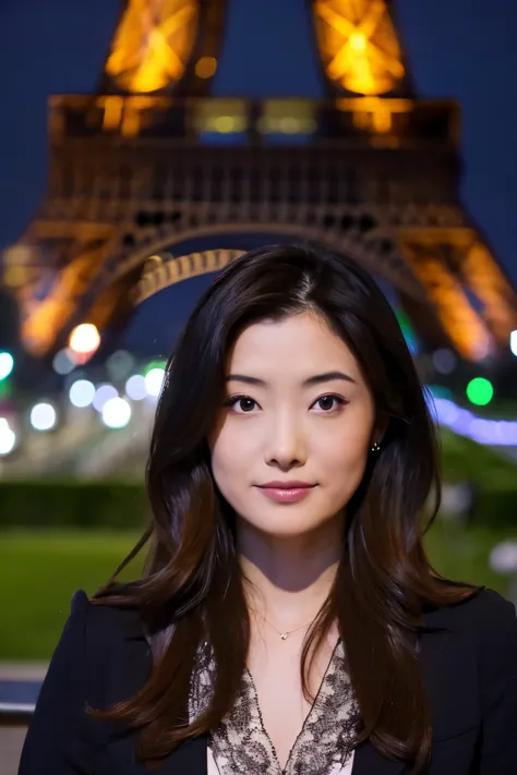 masterpiece, high-quality, high resolution, 8k, a skinny japanese woman, 30 years old, standing in front of the eiffel tower at ...