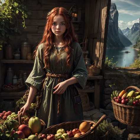 A beautiful very young sweet viking girl with long red hair, with green eyes, wearing a viking tunic standing in a viking farm a...
