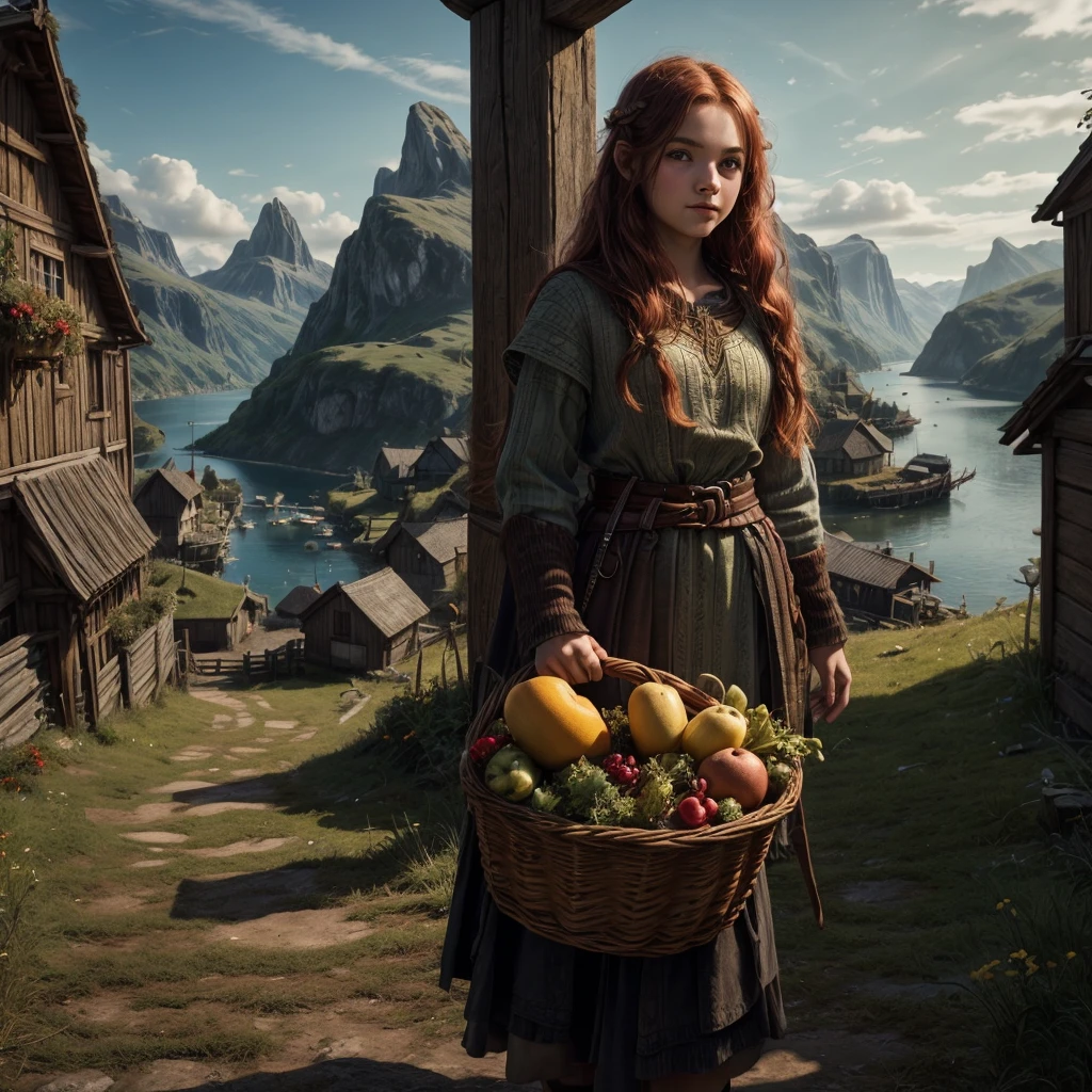 A beautiful very young sweet viking girl with long red hair, with green eyes, wearing a viking tunic standing in a viking farm and a fjord close by, holding a basket of food