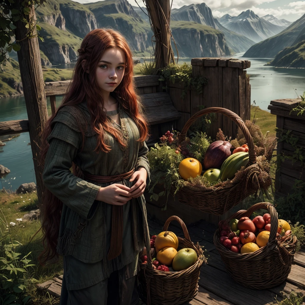 A beautiful very young sweet viking girl with long red hair, with green eyes, wearing a viking tunic standing in a viking farm and a fjord close by, holding a basket of food