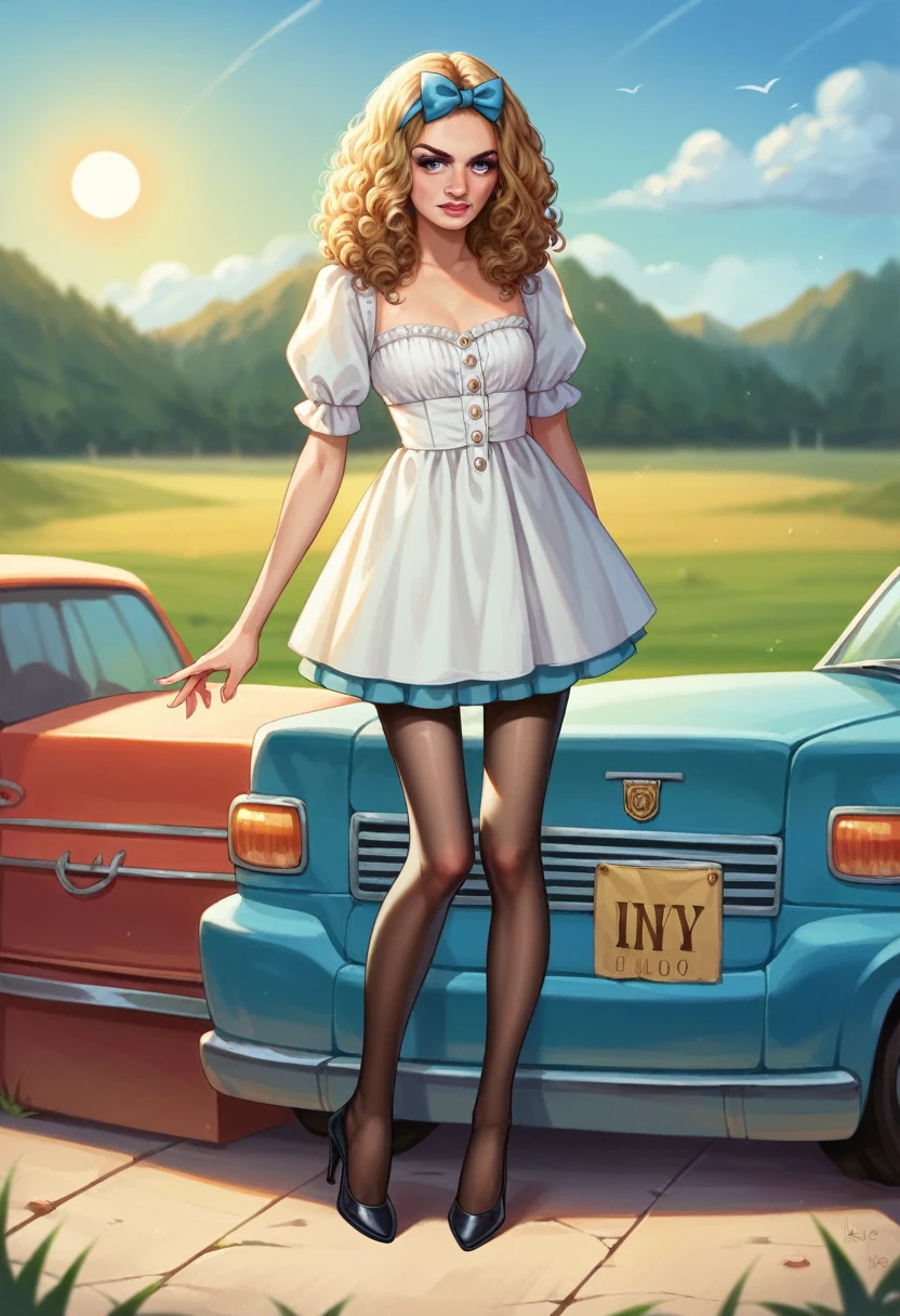 Margot Robbie,  very long puffy curly hair,  head bow,  very tiny miniskirt,  navy pantyhose,  high heels,  sun shiny day 