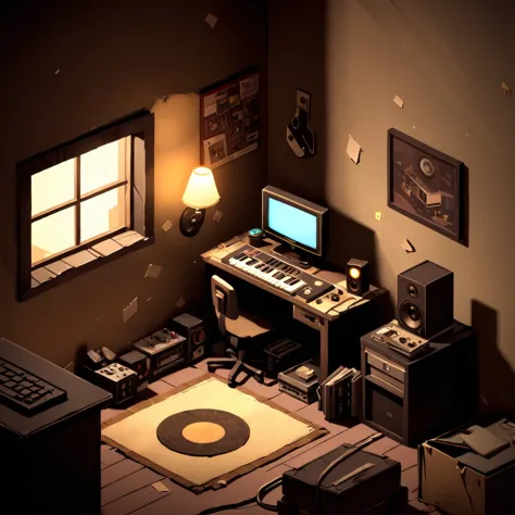 no humans, isometric game background, teenage boy's room, messy, dark, lit from the window, gaming computer, bass propped agains...