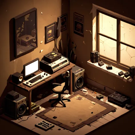 no humans, isometric game background, teenage boy's room, messy, dark, lit from the window, gaming computer, bass propped agains...