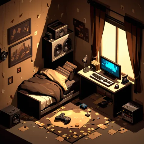 no humans, isometric game background, teenage boy's room, messy, dark, lit from the window, gaming computer, bass propped agains...