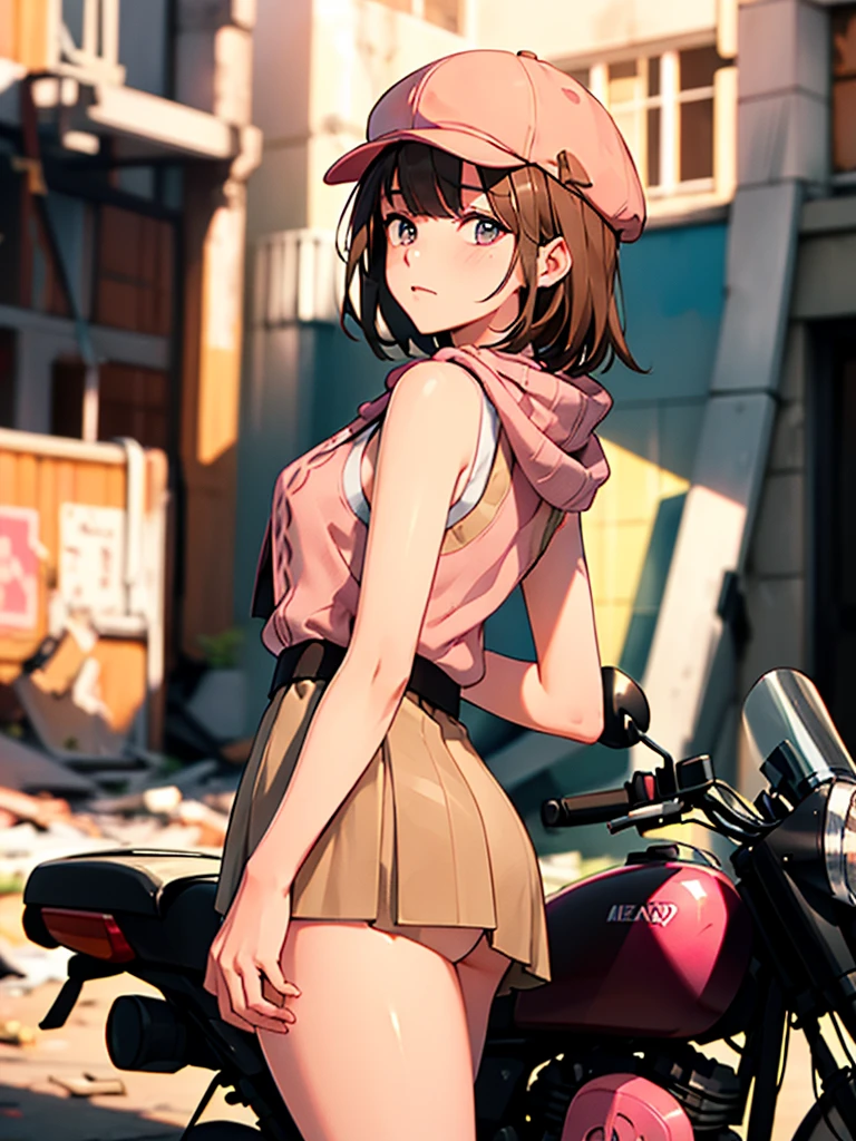 masterpiece, highest quality, (solo focus), (perfect face:1.1), (high detail:1.1), 1girl, brown hair, ((Neapolitan colored outfit)), (pink, cream, and brown clothes), large scarf, sleeveless knit sweater, short skirt, ((pink fiddler cap)), rifle on back, detailed background, wasteland, leaning on motorcycle, abandoned factory, scrapheap, ashes, cinematic lighting,
