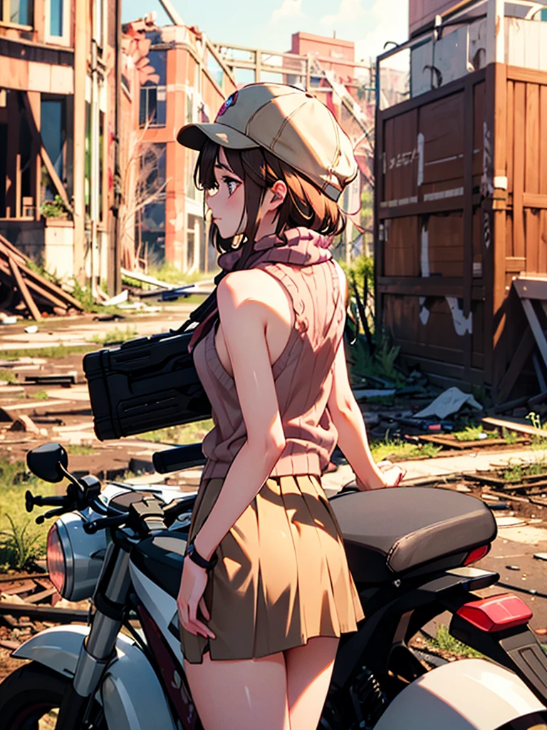 masterpiece, highest quality, (solo focus), (perfect face:1.1), (high detail:1.1), 1girl, brown hair, ((Neapolitan colored outfit)), (pink, cream, and brown clothes), large scarf, sleeveless knit sweater, short skirt, ((pink fiddler cap)), ((rifle on back)), detailed background, wasteland, leaning on motorcycle, abandoned factory, scrapheap, ashes, cinematic lighting,
