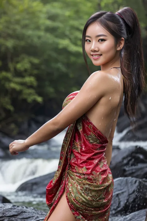 A beautiful asian women wearing sarong dress with seducing pose, big smile, happy, bustling,((whole body)) turning away facial a...