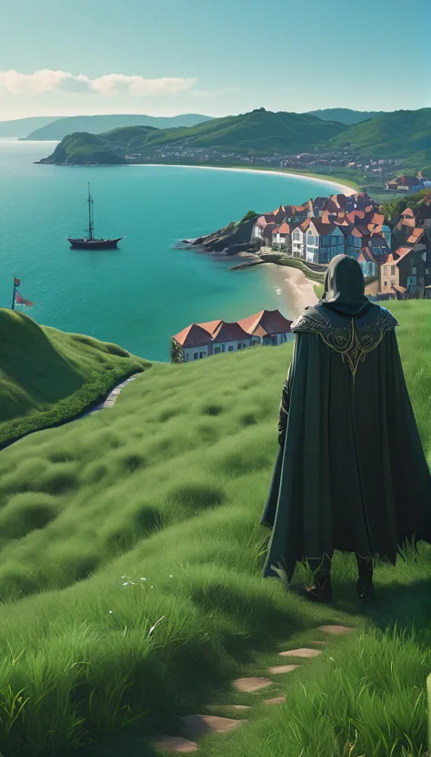 a character standing on a grassy hill overlooking a coastal town. fantasy world, city beautiful .ultra 4k