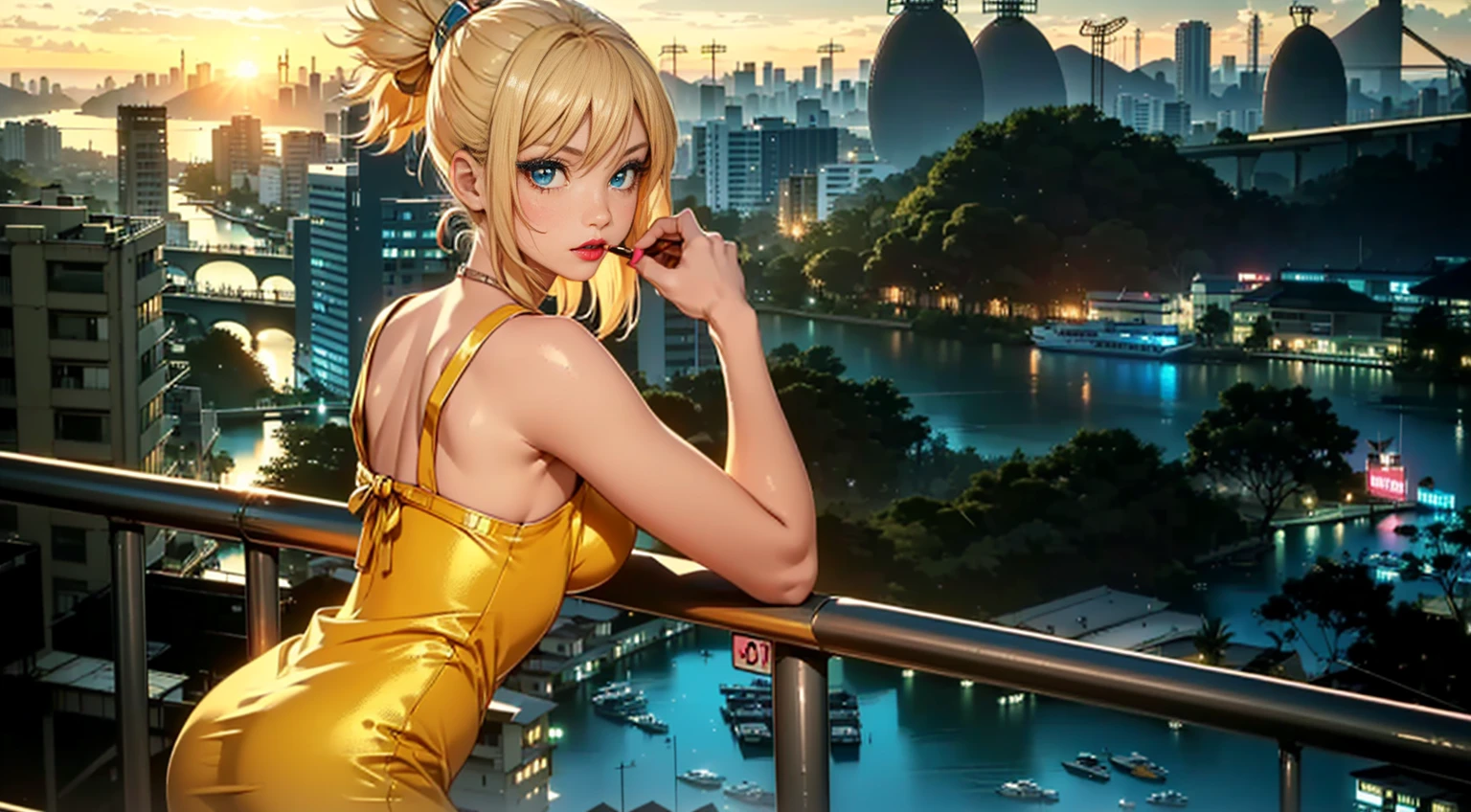 ((1woman, (solo, 1girl, alone), kohaku, blonde hair, blue eyes, tied hair)), smug, ((solo, (1woman, pink lipstick), Extremely detailed, ambient soft lighting, 4k, perfect eyes, a perfect face, perfect lighting, a 1girl)), austere, ((Golden dress, silk dress, looking back, viewpoint, balcony, Rio de Janeiro in the background, helicopters, lagoon, sunset))