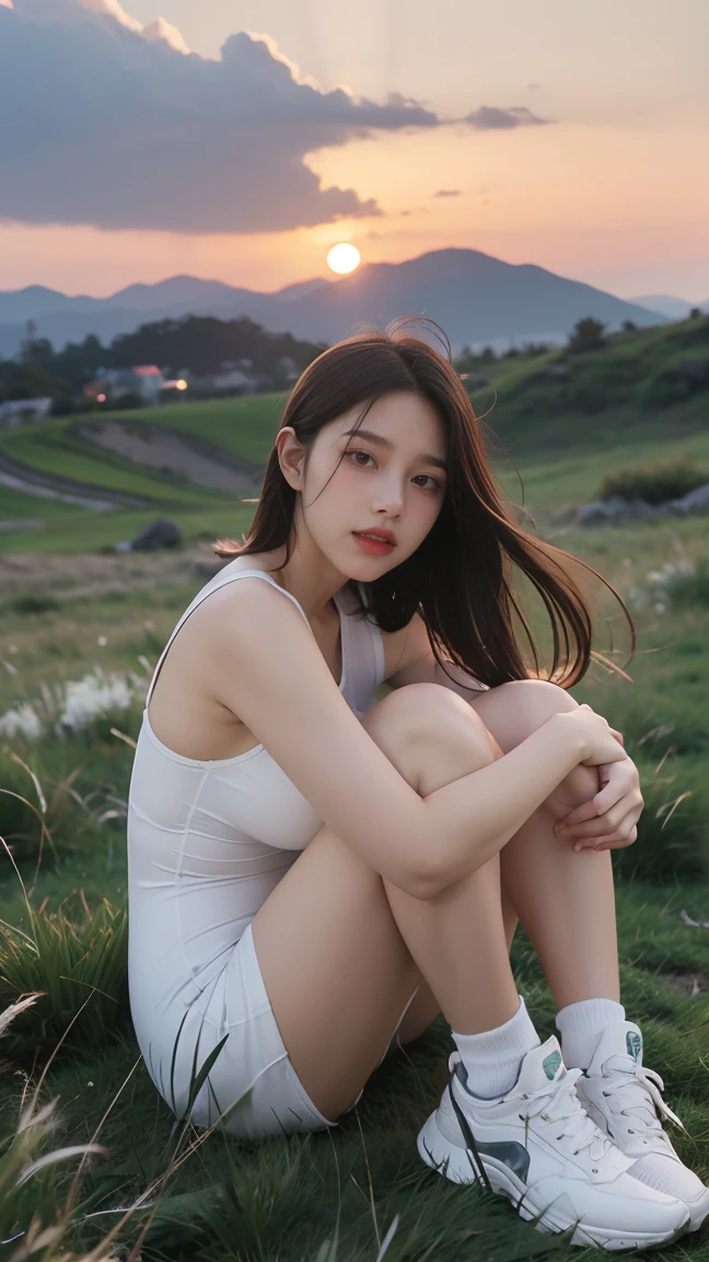 no, Ray Tracing, Radio City, Anisotropic filtration, 16,000, best quality, 1 woman, alone, mature,  beautiful mountain climber, Shorts, light singlet, Gradient long hair, laugh、sunset ,((big breasts)) (((grass field))) Sitting with knees bent, sneakers on