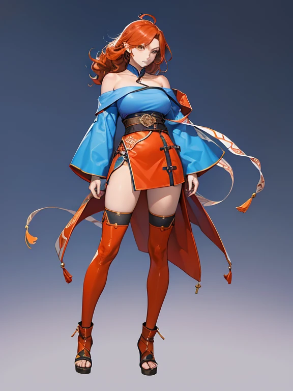 digital painting, 1girl, woman, rough digital painting, (full body:1.2), 1boy, man, masculine, solo, [:outlandish costume design,:0.2] battlemage, vivid blue (off shoulder shirt:1.3), japanese, muted red-orange hair, (muscular:1.1) build, simple background, moba character concept art, bombshell hair, copper hair, Side Swept Curls,spiked hair, thick thighs, narrow waist, chinese, (noon, blue sky, clouds, scenery, "at the Incandescent Spire":1)