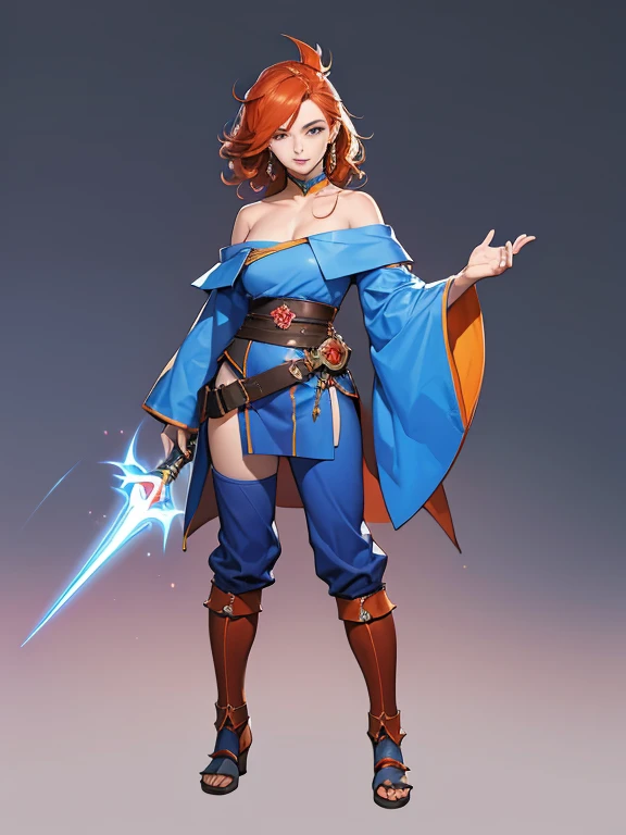 digital painting, 1girl, woman, rough digital painting, (full body:1.2), 1boy, man, masculine, solo, [:outlandish costume design,:0.2] battlemage, vivid blue (off shoulder shirt:1.3), japanese, muted red-orange hair, (muscular:1.1) build, simple background, moba character concept art, bombshell hair, copper hair, Side Swept Curls,spiked hair, thick thighs, narrow waist, chinese, (noon, blue sky, clouds, scenery, "at the Incandescent Spire":1)