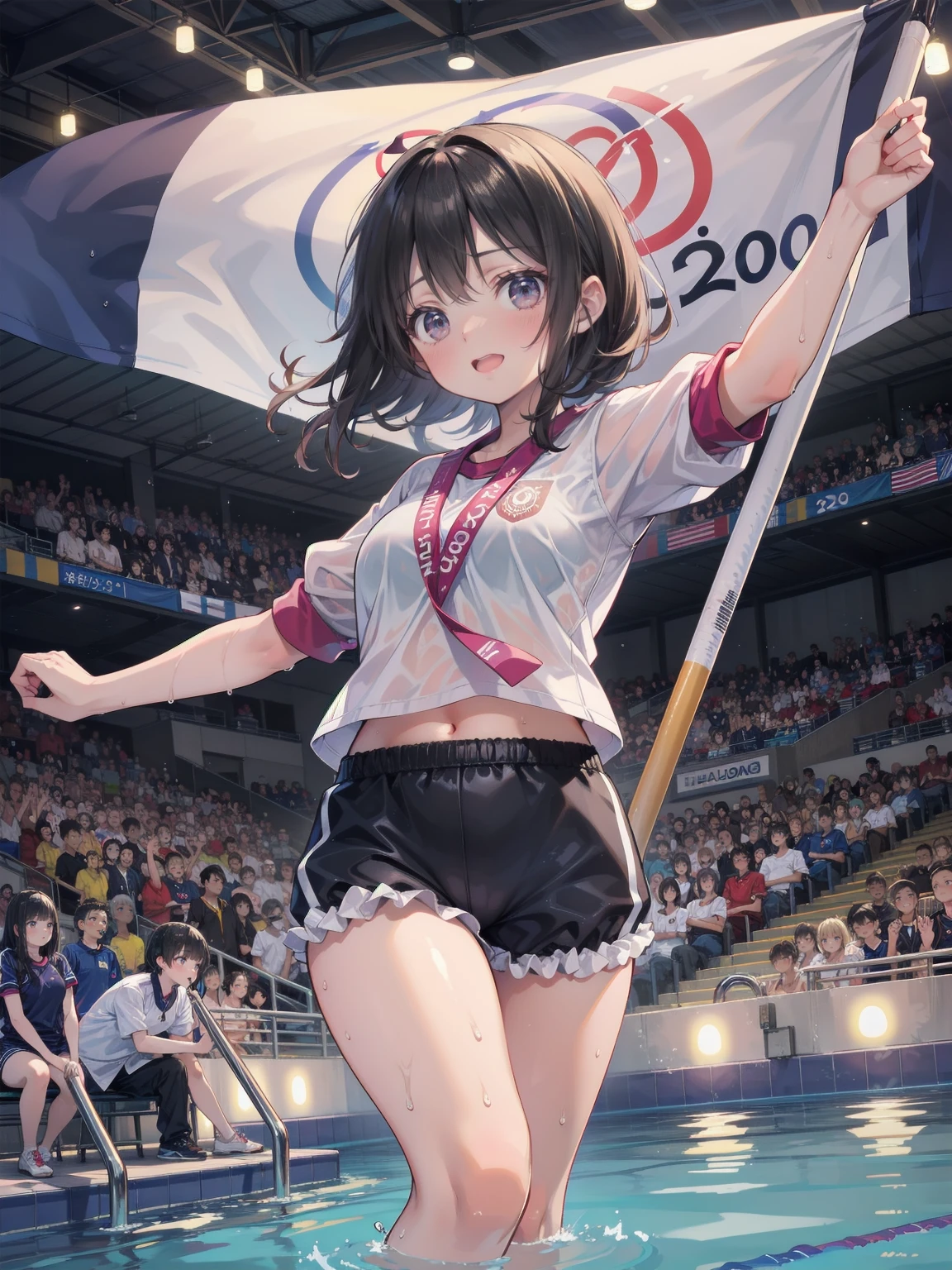 Young and beautiful woman,(Highest quality,Extremely detailed depiction,Incredible high resolution,Anatomically accurate depiction,Curvy Legs),(Glowing Skin,Glowing Skin),(Bloomers,latex,gold medal,Wet body,Guts pose),eyelash,Happy laughter,Sweat,whole body,background:Swimming competition pool,Olympic mark,Olympic Flag,Podium,Cauldron Stand,Black Hair, Black long hair, Japanese,White gym clothes,Navy blue sleeves, 紺色Bloomers , 