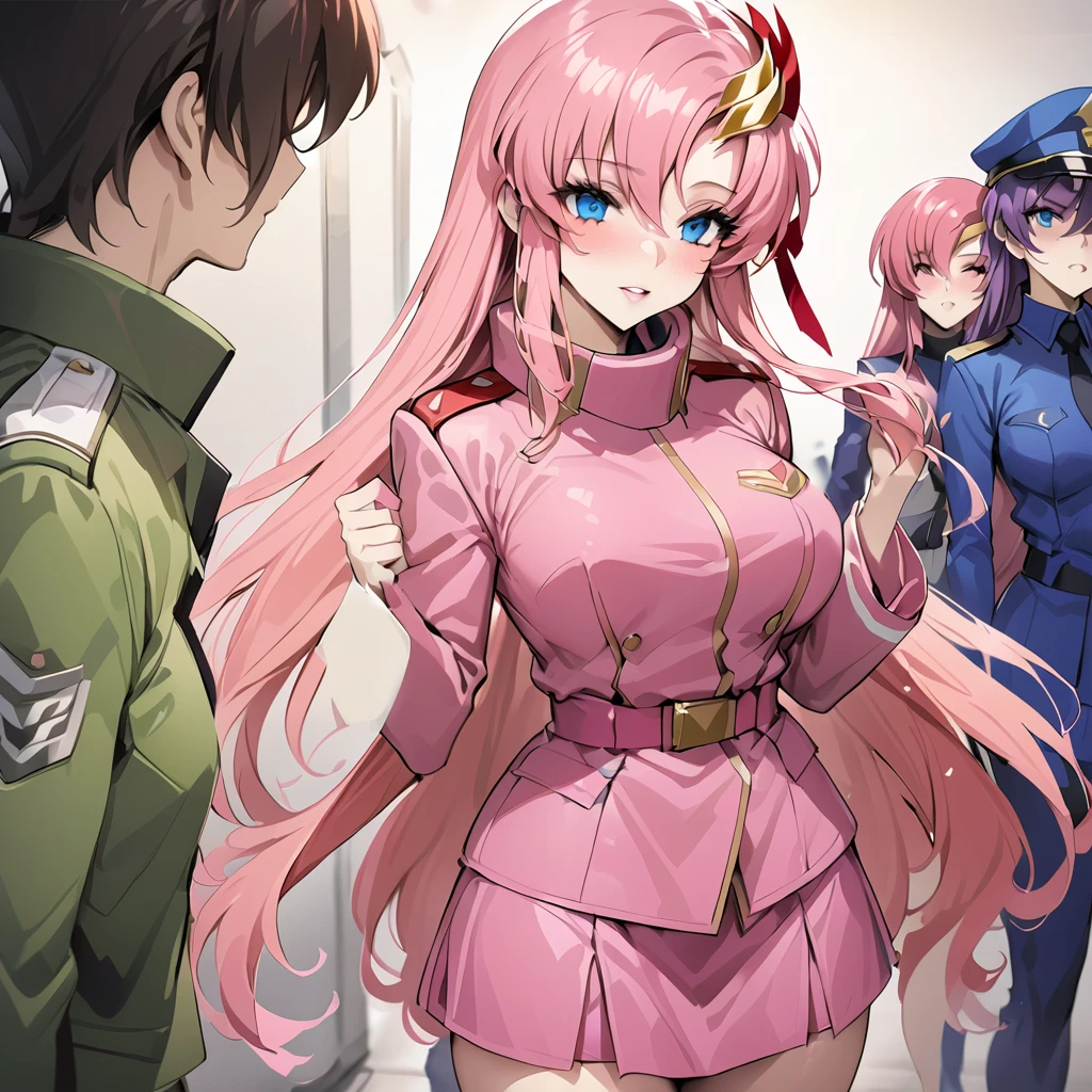 ((Highest quality)), ((masterpiece)), (detailed), （Perfect Face）、Gundam SEED、The woman is Lacus Clyne, with blue eyes, pink medium-long hair and a hair accessory.、The woman is a female officer in the Earth Federation Army and is wearing an Earth Federation Army uniform.