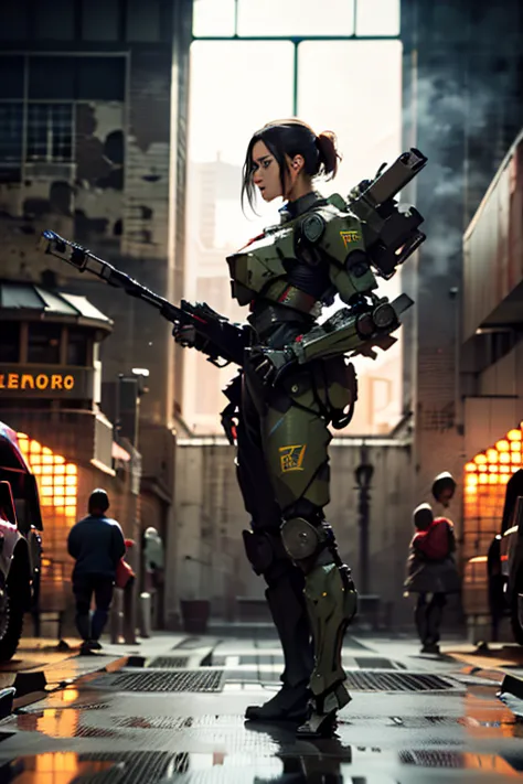 A still from a film showing a female mech pilot standing in front of her (Large combat mech:1.3), Sci-Fi Armor, military base, S...