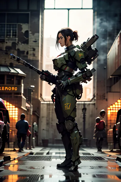 a still from a film showing a female mech pilot standing in front of her (large combat mech:1.3), sci-fi armor, military base, s...