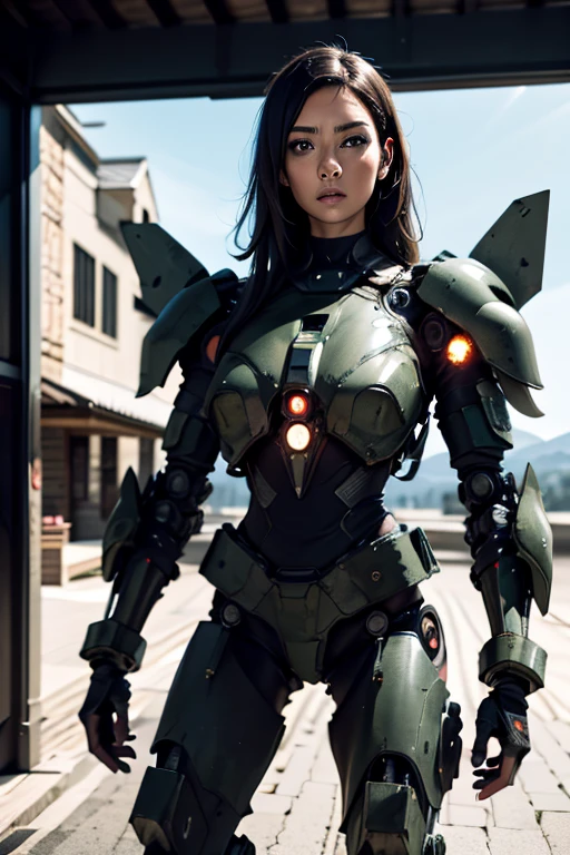 A still from a film showing a female mech pilot standing in front of her (Large combat mech:1.3), Sci-Fi Armor, military base, Strong winds, Sci-fi helmet in hand, visor, Detailed eyes, dry skin, Skin fuzz, Visible skin hair, Skin blemishes ,, Shallow depth of field, Vignette, Very detailed, big budget hollywood movie, Bokeh, CinemaScope, Sulky, amazing, nice, Film Grain