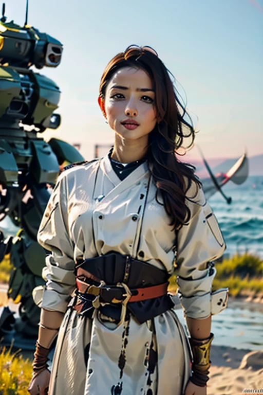 A still from a film showing a female mech pilot standing in front of her (Large combat mech:1.3), Sci-Fi Armor, military base, Strong winds, Sci-fi helmet in hand, visor, Detailed eyes, dry skin, Skin fuzz, Visible skin hair, Skin blemishes ,, Shallow depth of field, Vignette, Very detailed, big budget hollywood movie, Bokeh, CinemaScope, Sulky, amazing, nice, Film Grain