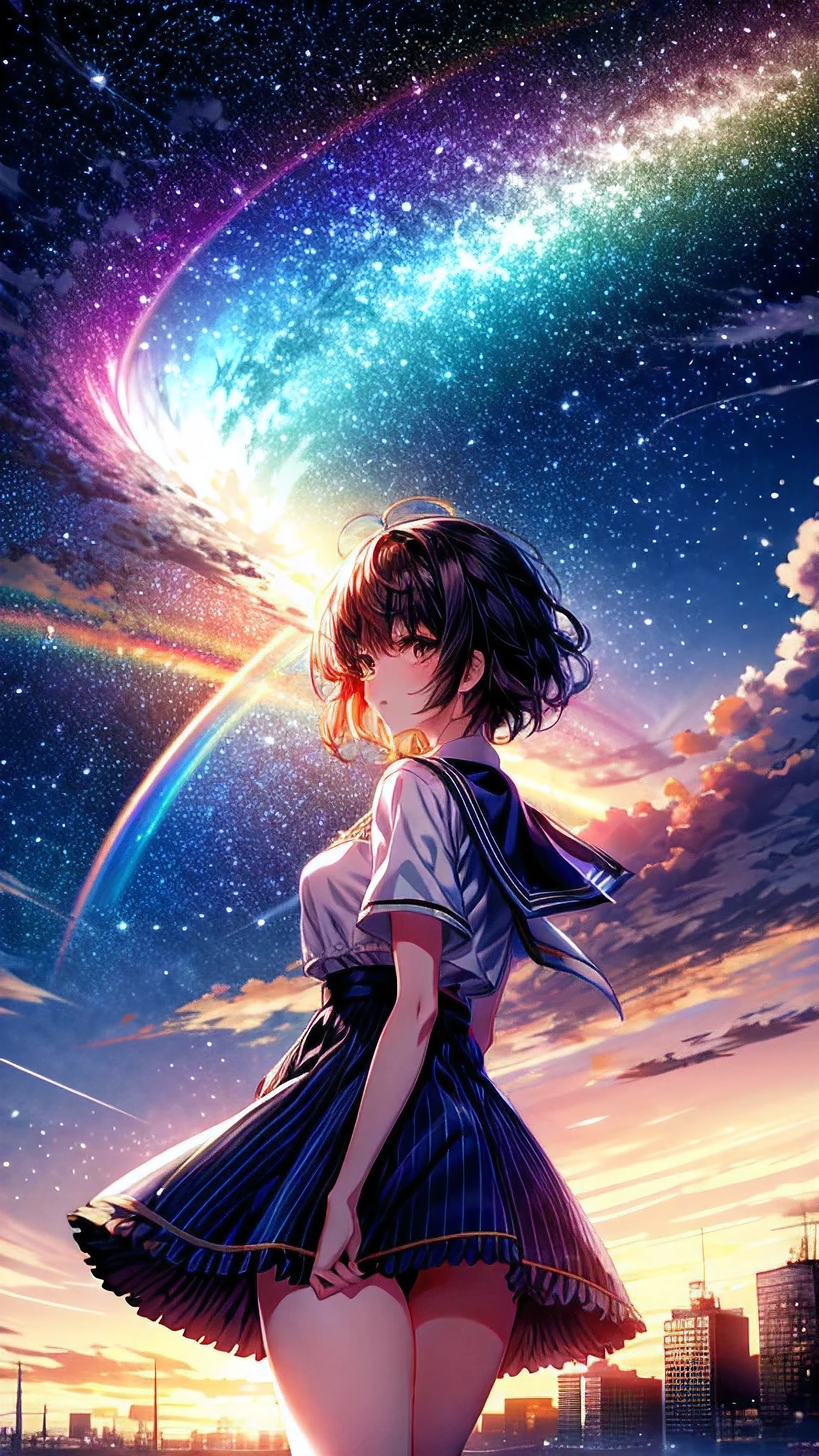 ((Rainbow Giant))、Anime girl looking at the big city scenery,Near future city、 Makoto Shinkai Cyril Rolland, anime art wallpaper 4k, anime art wallpaper 4k, Anime Art Wallpapers 8K, Inspired by Cyril Rolland,  Awesome Wallpapers, 