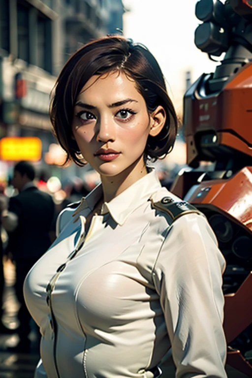 A still from a film showing a female mech pilot standing in front of her (Large combat mech:1.3), Sci-Fi Armor, military base, Strong winds, Sci-fi helmet in hand, visor, Detailed eyes, dry skin, Skin fuzz, Visible skin hair, Skin blemishes ,, Shallow depth of field, Vignette, Very detailed, big budget hollywood movie, Bokeh, CinemaScope, Sulky, amazing, nice, Film Grain