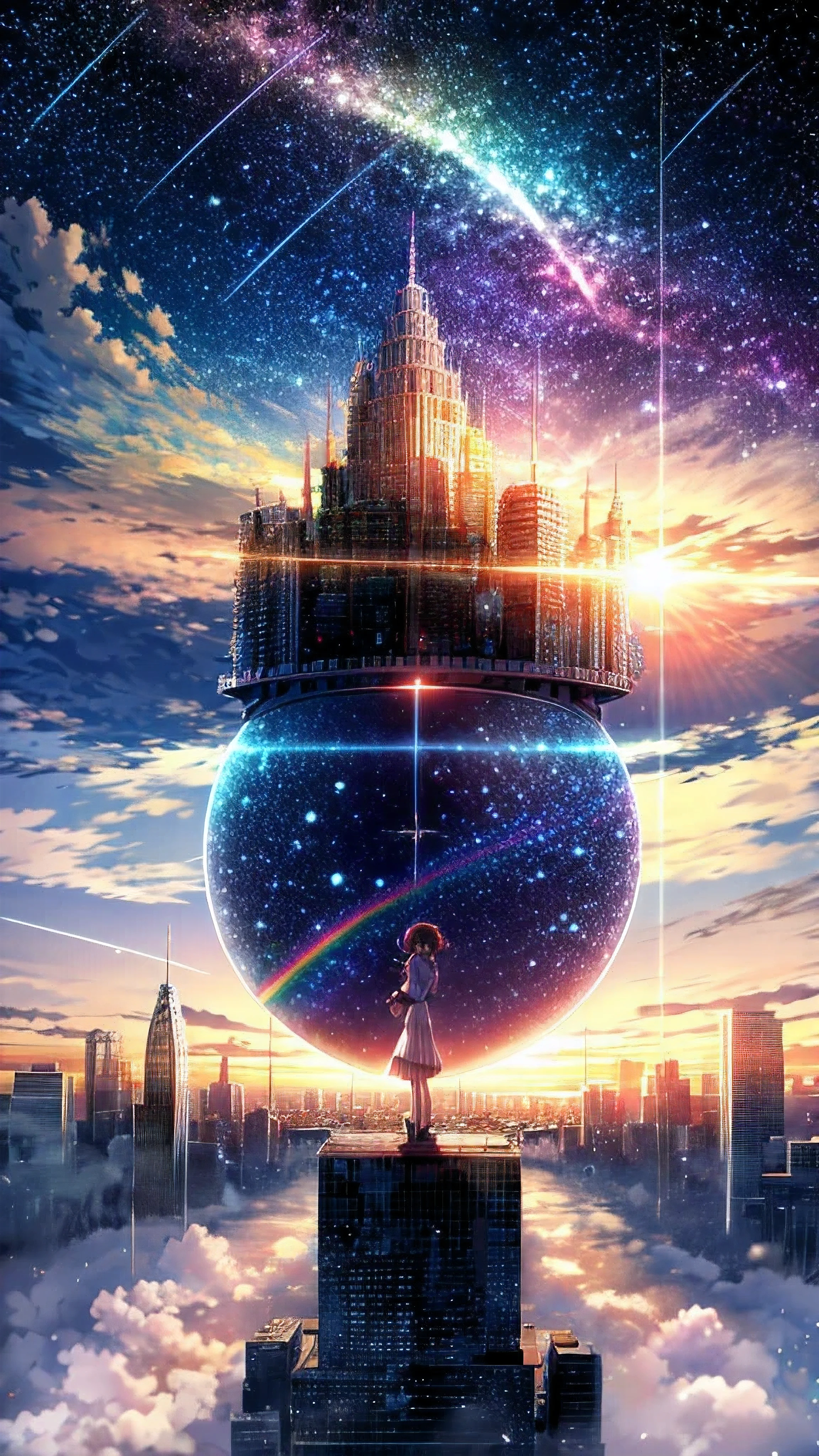 ((Rainbow Giant))、Anime girl looking at the big city scenery,Near future city、 Makoto Shinkai Cyril Rolland, anime art wallpaper 4k, anime art wallpaper 4k, Anime Art Wallpapers 8K, Inspired by Cyril Rolland,  Awesome Wallpapers, 