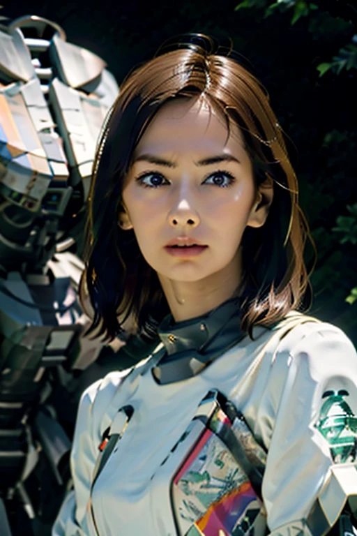 A still from a film showing a female mech pilot standing in front of her (Large combat mech:1.3), Sci-Fi Armor, military base, Strong winds, Sci-fi helmet in hand, visor, Detailed eyes, dry skin, Skin fuzz, Visible skin hair, Skin blemishes ,, Shallow depth of field, Vignette, Very detailed, big budget hollywood movie, Bokeh, CinemaScope, Sulky, amazing, nice, Film Grain