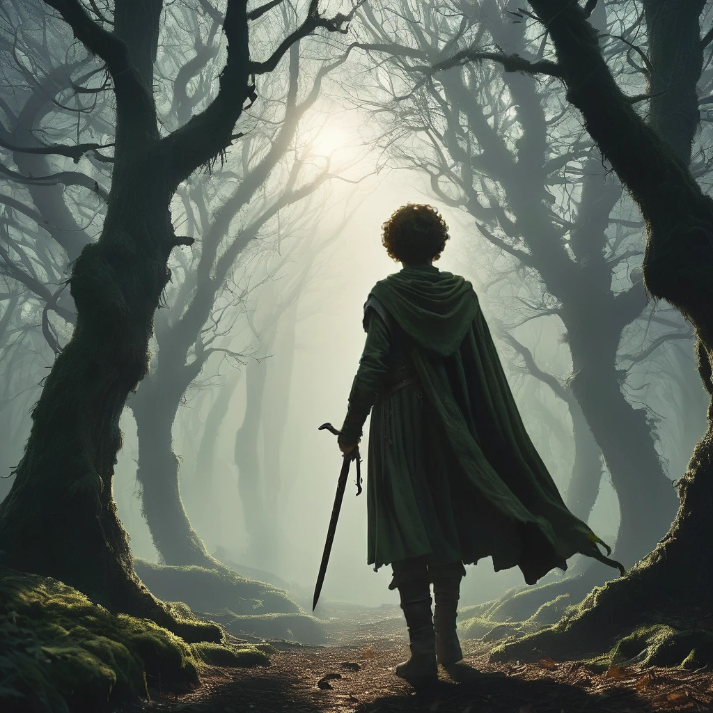 A back view of a curly brown-haired boy walks cautiously through a dark, foreboding forest in the afternoon. The dense canopy overhead allows only slivers of sunlight to pierce through, casting eerie shadows on the forest floor. The boy, dressed in ragged medieval clothing. The twisted trees loom ominously around him, their gnarled branches resembling grasping hands. In the distance, faint whispers and the rustling of unseen creatures heighten the sense of danger and mystery in this medieval dark fantasy setting.