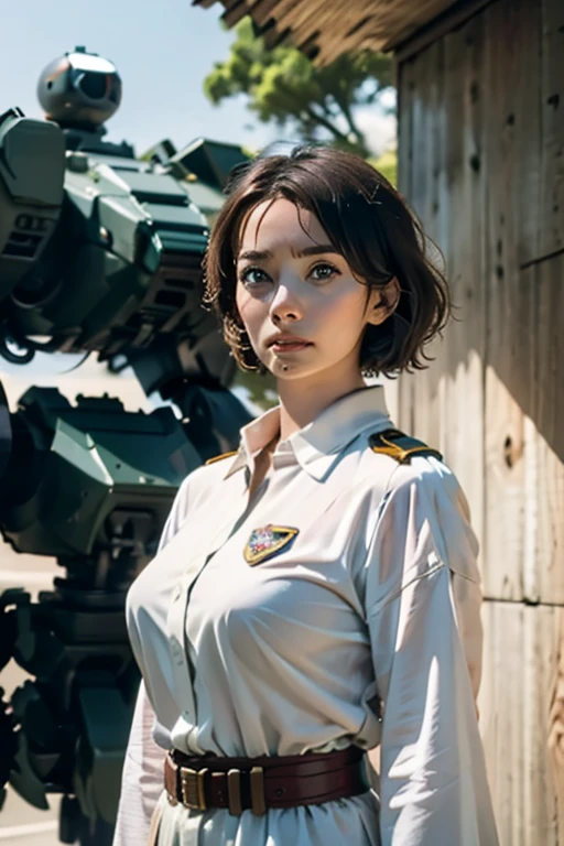 A still from a film showing a female mech pilot standing in front of her (Large combat mech:1.3), Sci-Fi Armor, military base, Strong winds, Sci-fi helmet in hand, visor, Detailed eyes, dry skin, Skin fuzz, Visible skin hair, Skin blemishes ,, Shallow depth of field, Vignette, Very detailed, big budget hollywood movie, Bokeh, CinemaScope, Sulky, amazing, nice, Film Grain